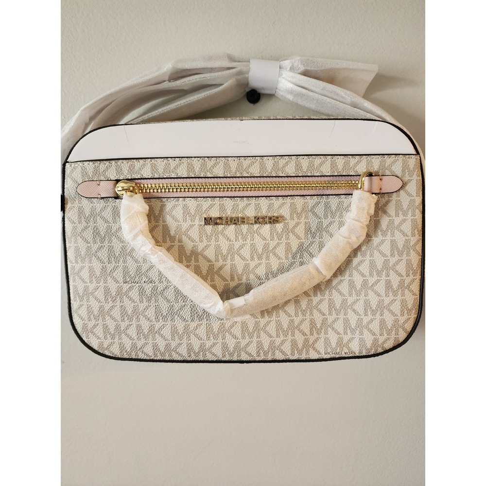 Michael Kors Jet Set Large East West Crossbody Bag Logo Print Pink White Gold
